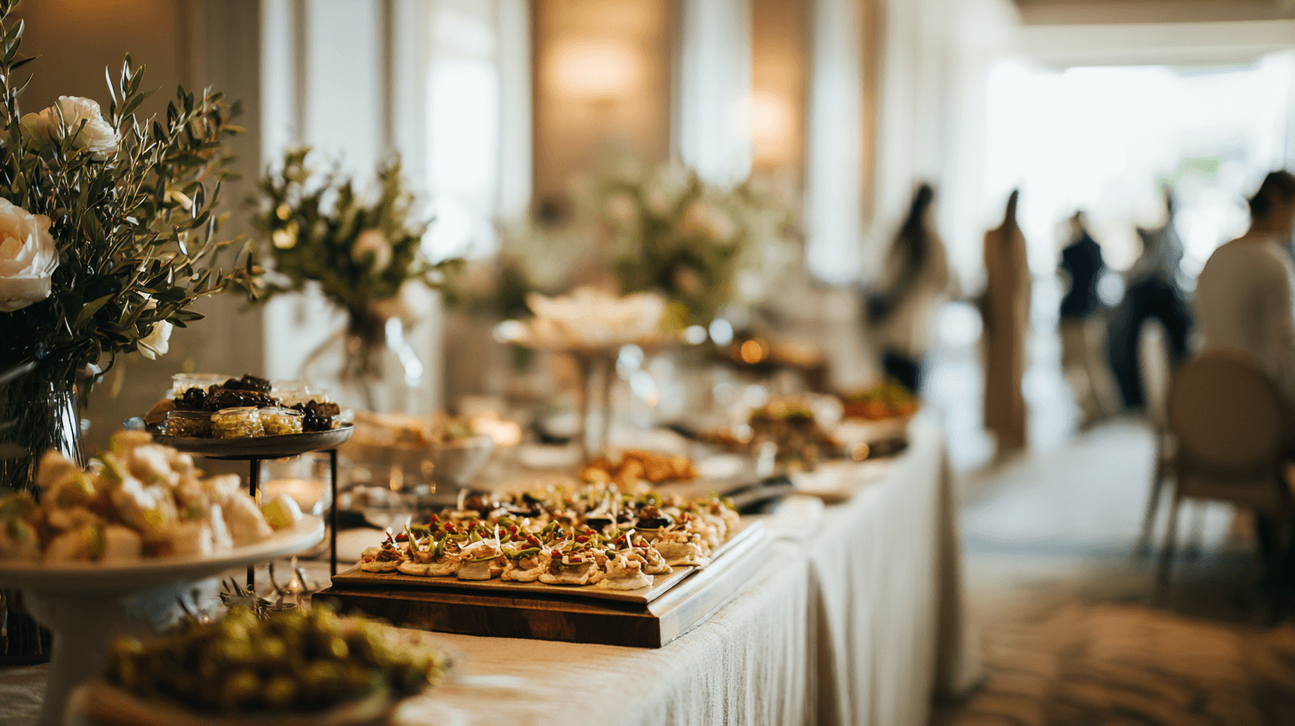 Editorial Event-Catering: Buffet mit Canapés, Blumen und warmem Licht in einer hellen Location