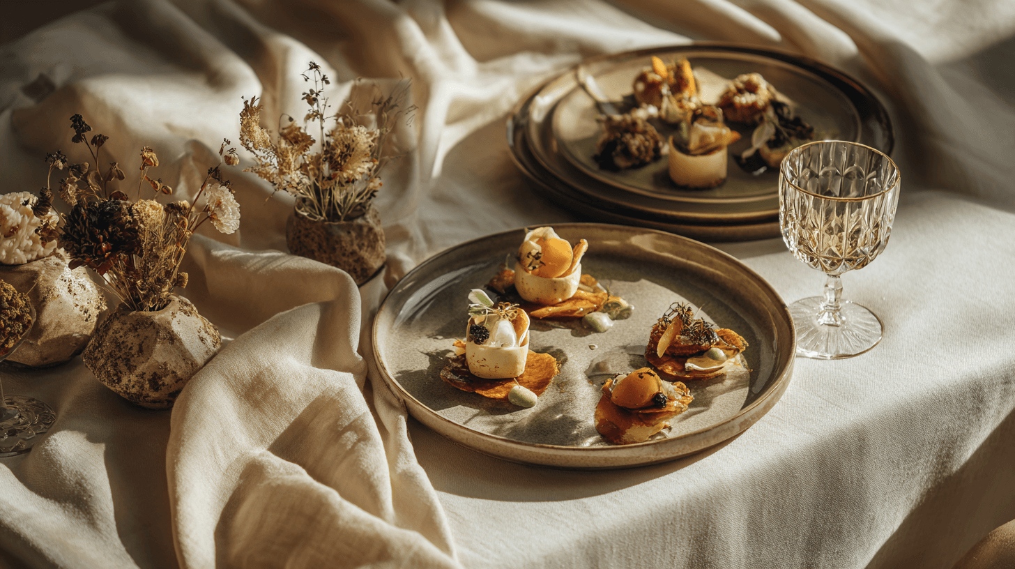 Stilvoll angerichtetes Catering mit frischen Speisen und dekorativen Details