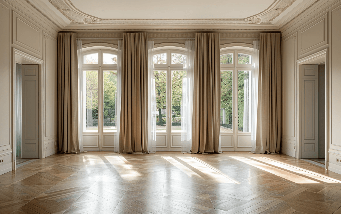 Heller Stadtvilla-Innenraum mit großformatigen Fenstern, ruhigen Vorhängen und präziser Materialabstimmung.