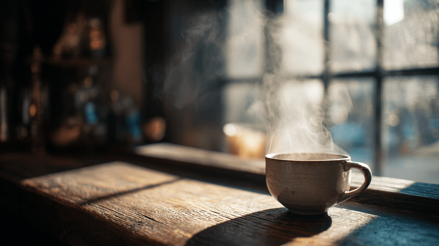Dampfende Kaffeetasse auf Holz, warmes Licht von seitlich — ruhige, handwerkliche Atmosphäre.
