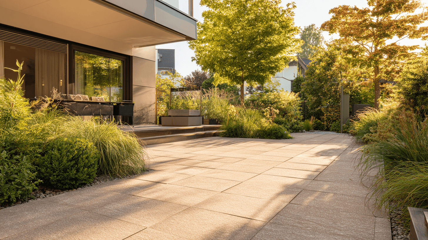 Moderner Wohn- und Privatgarten mit Terrasse, Natursteinplatten und Bepflanzung in warmem Licht